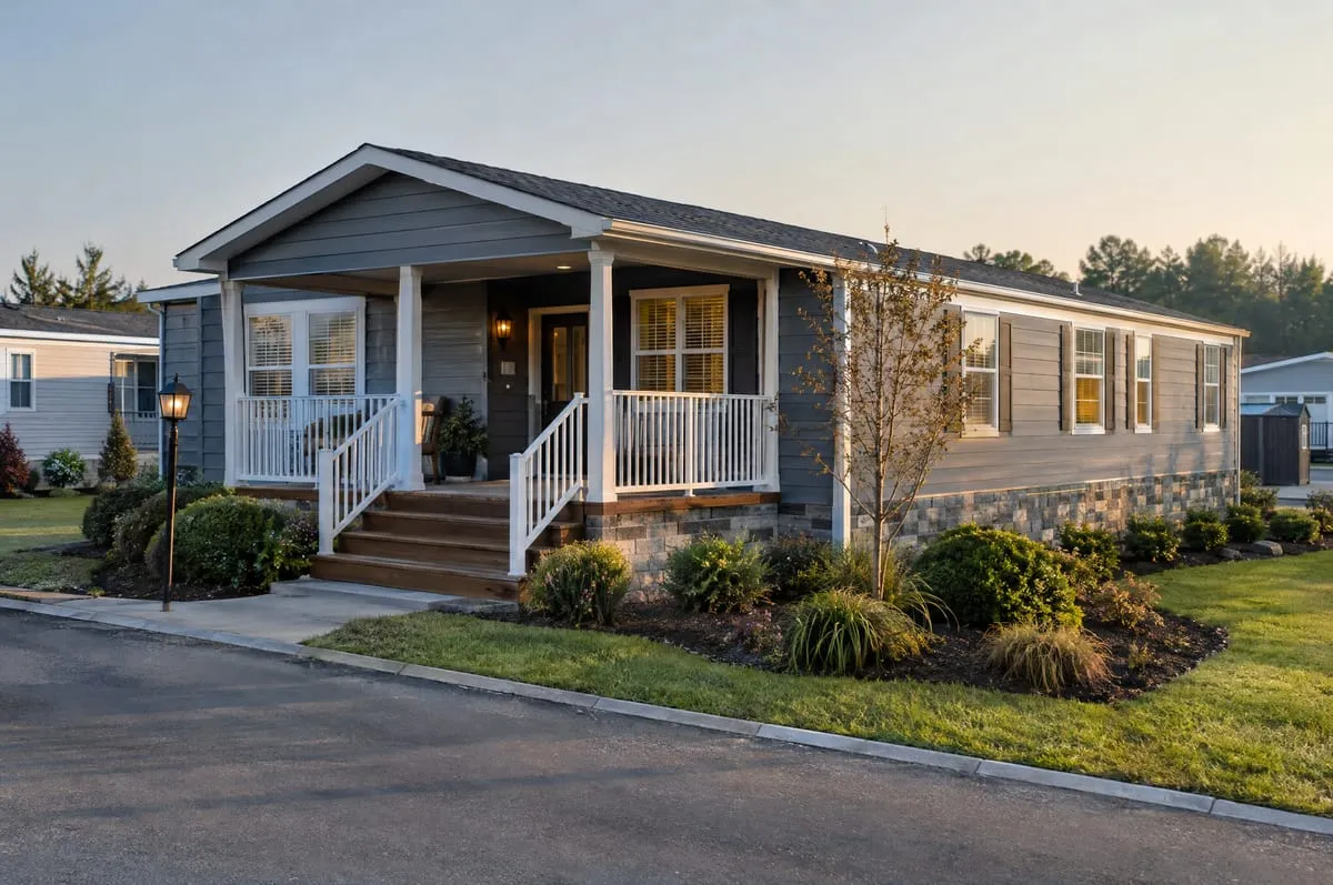 A multi-section manufactured home with a covered porch in a landscaped community.