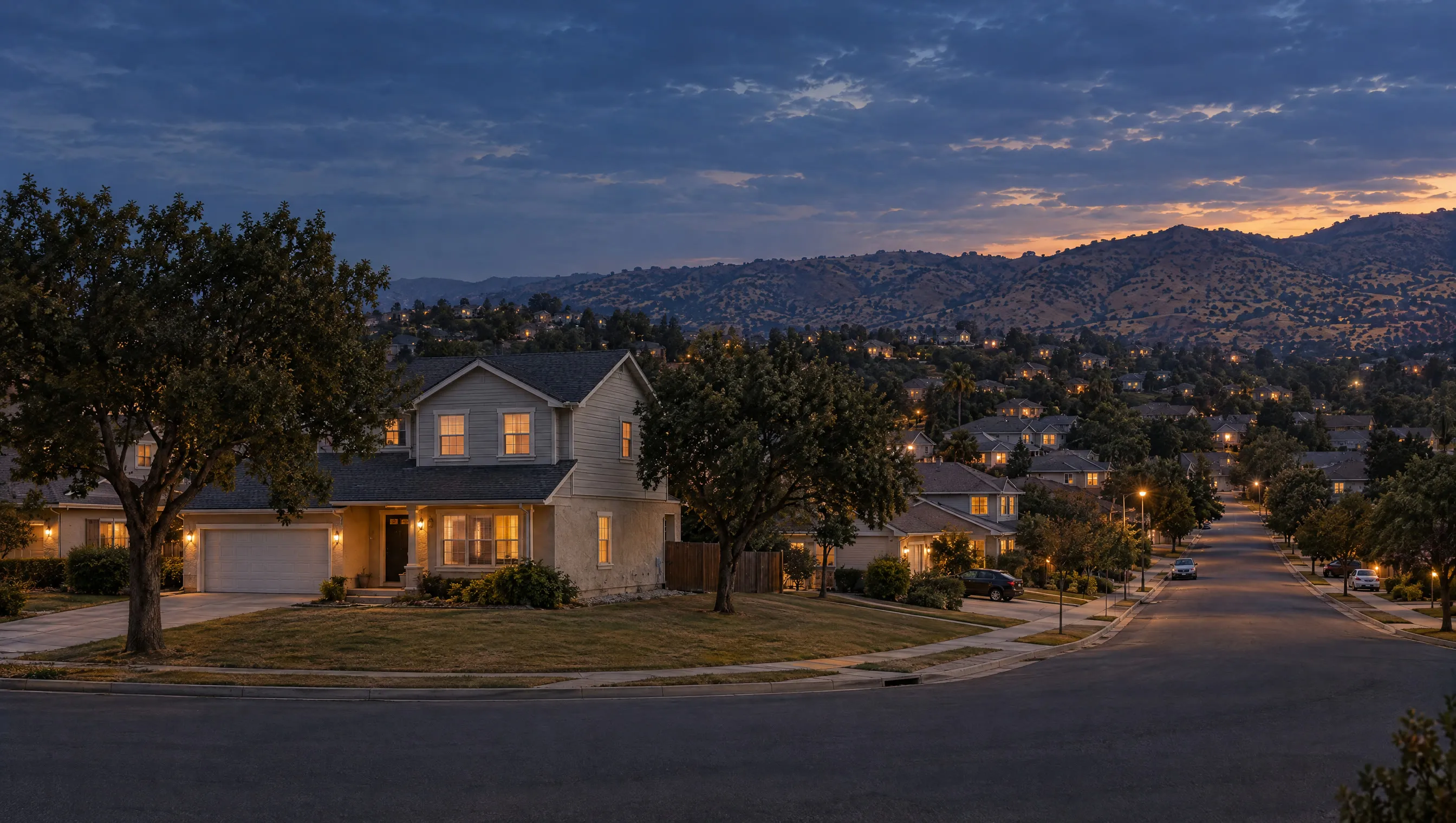 A wide view of a foothill suburb at dusk, a corner house in the foreground and dozens of lit houses down the curving street toward a dark ridge.