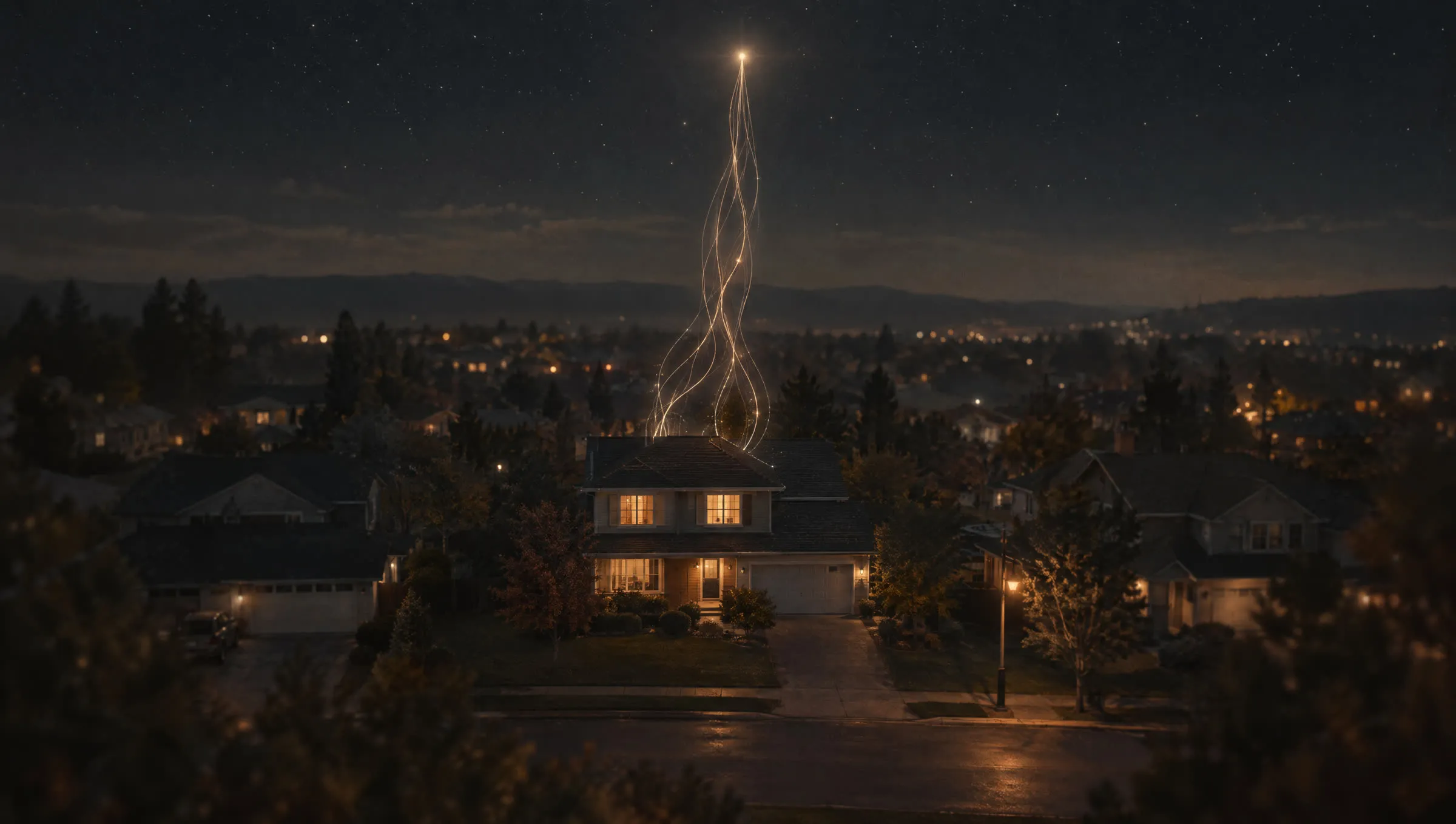 A suburban street at night under stars, one two-story house with lit windows and faint glowing threads rising from its roof to a single point of light.