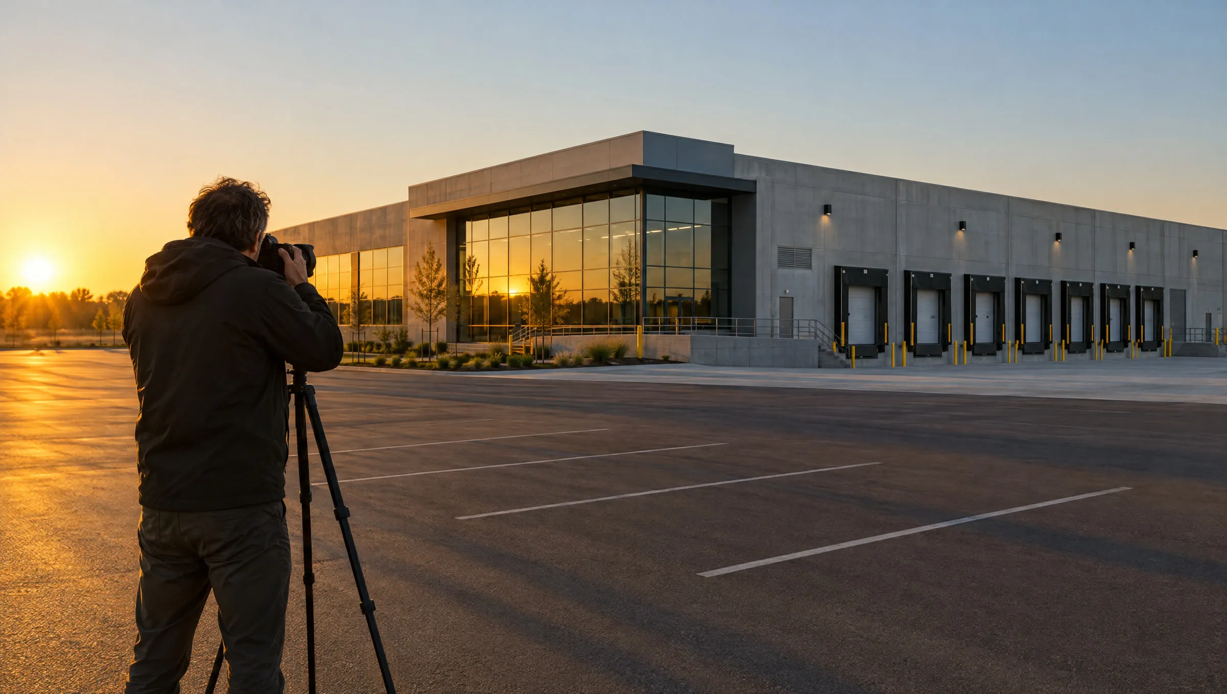 A photographer at a tripod, seen from behind, shooting a new concrete and glass warehouse with loading docks at sunset.