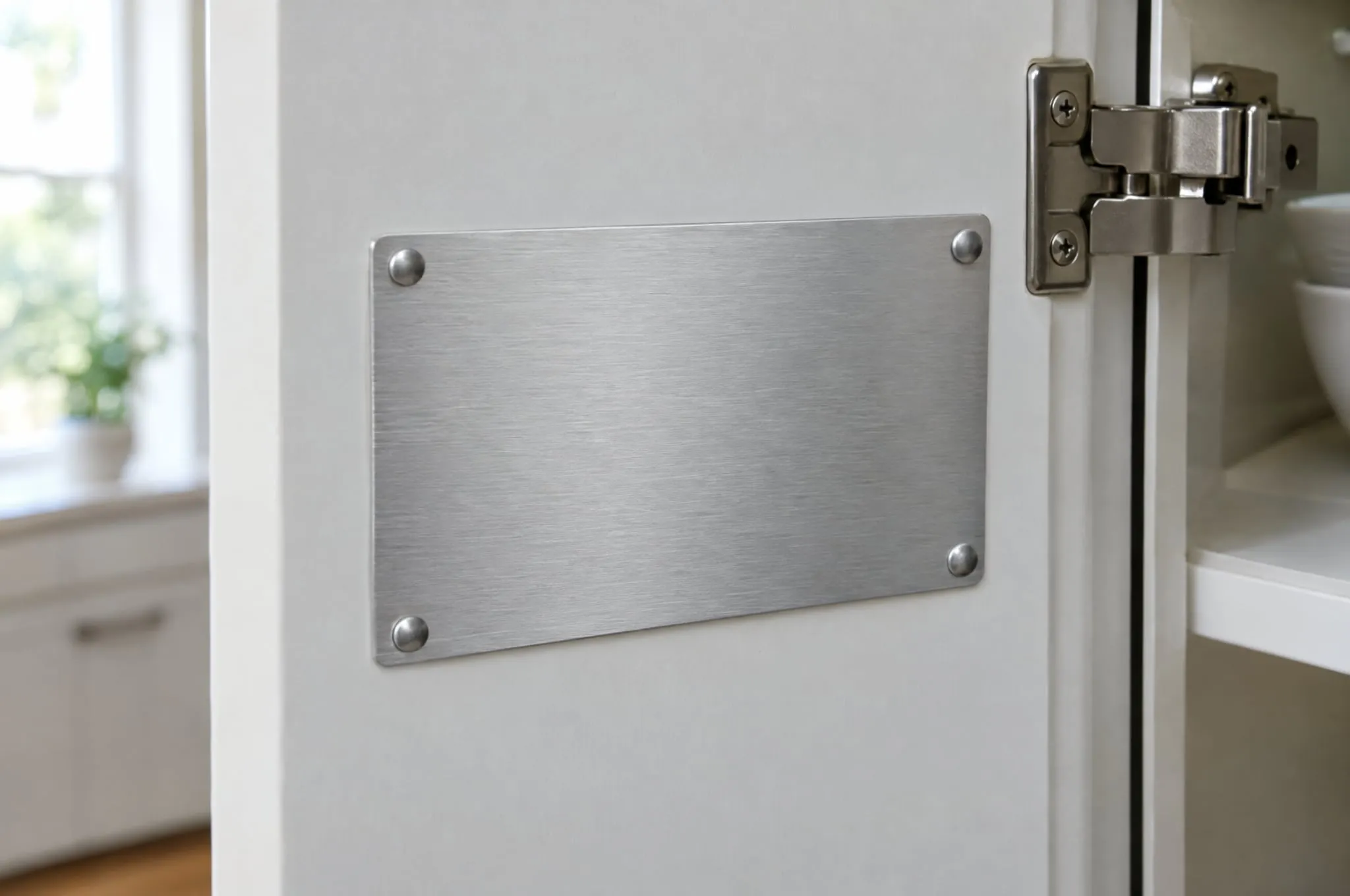 A blank brushed-aluminum plate riveted to the inside of a white kitchen cabinet door.