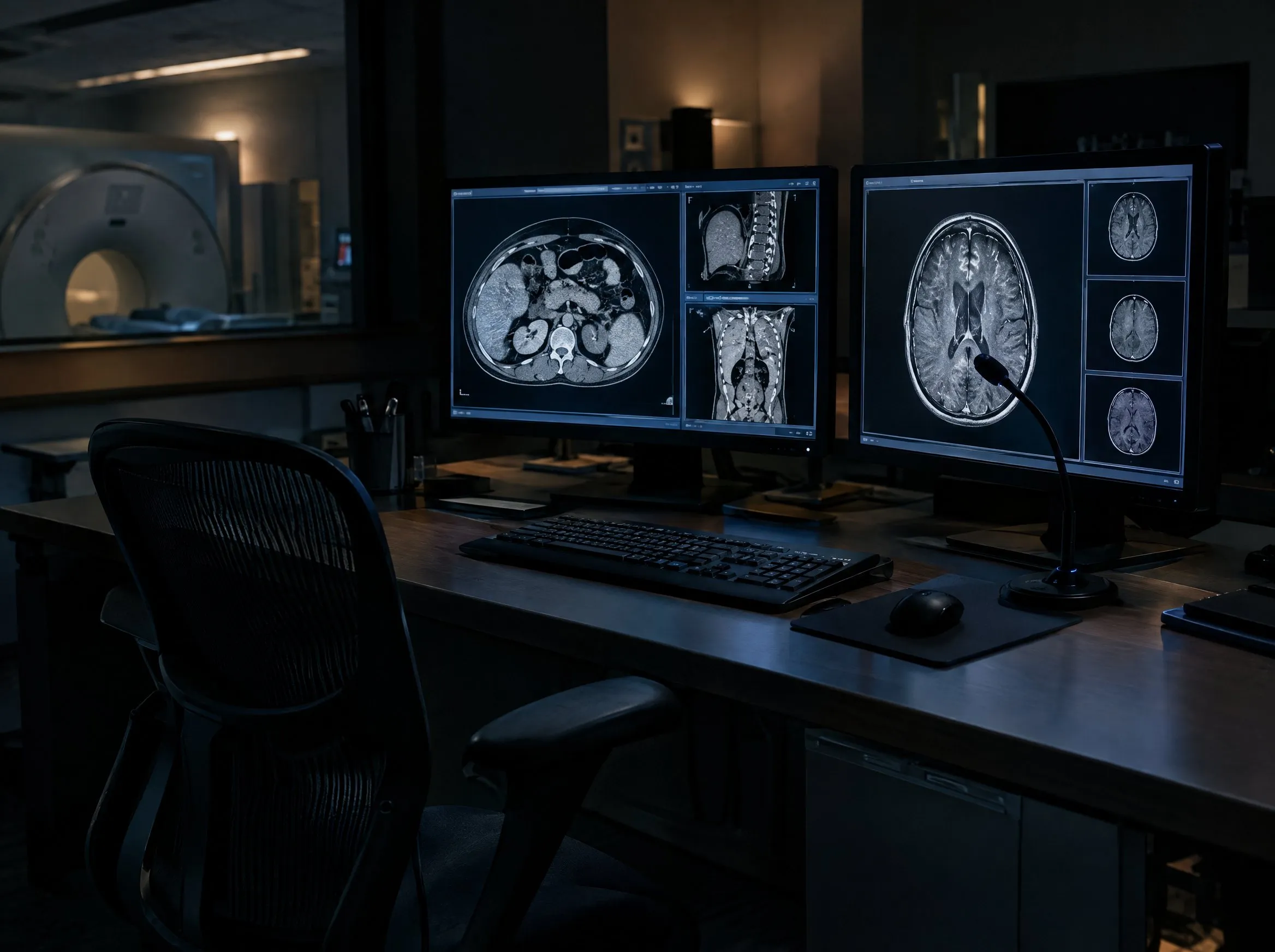 A dark radiology reading room: two monitors glow with grayscale scan images beside an empty chair.