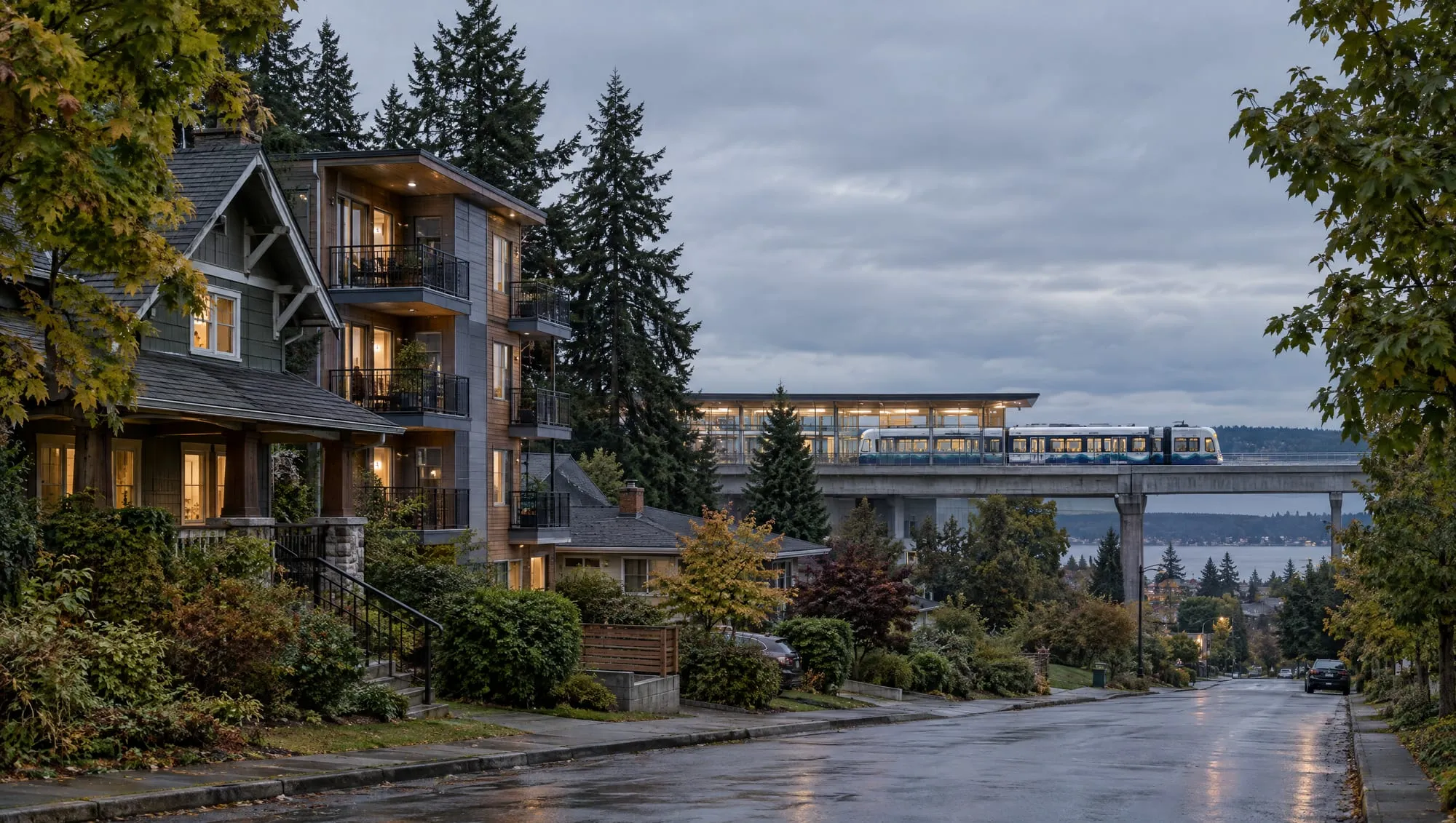Dusk on a residential street: a craftsman house and a four-story stacked-flat building with balconies, an elevated light rail train and station beyond.