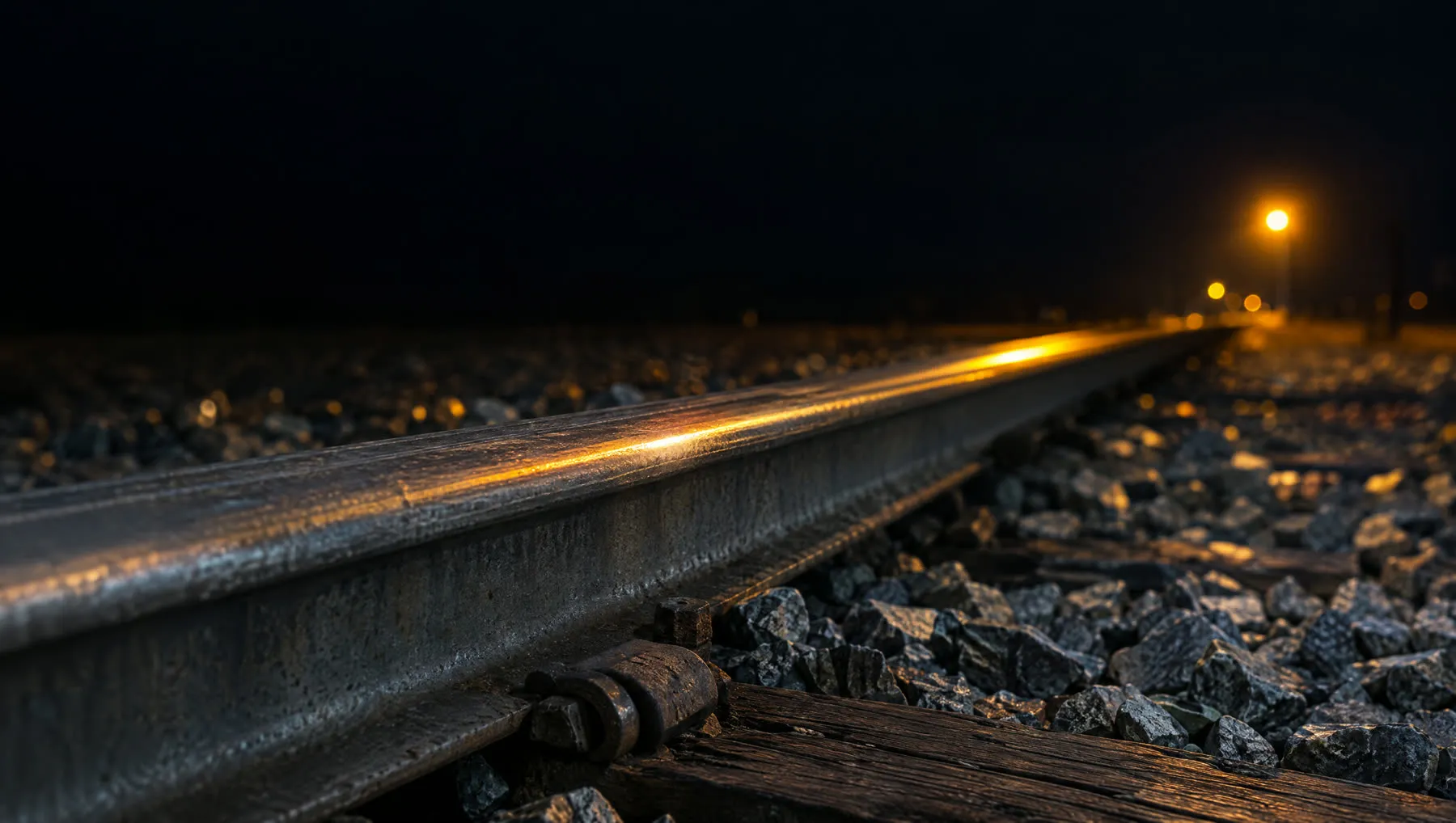 Macro view along a single steel rail on gravel ballast at night, the rail head glowing amber from a distant lamp.