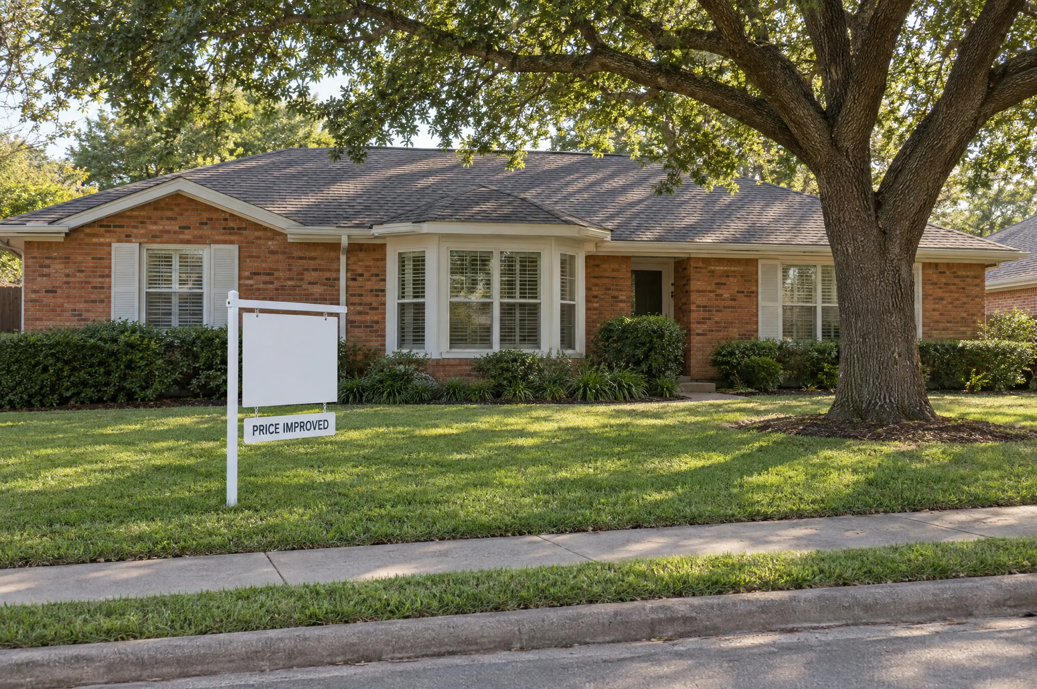 A single-story red brick ranch house with white trim behind a large live oak, with a blank yard sign carrying a Price Improved rider.