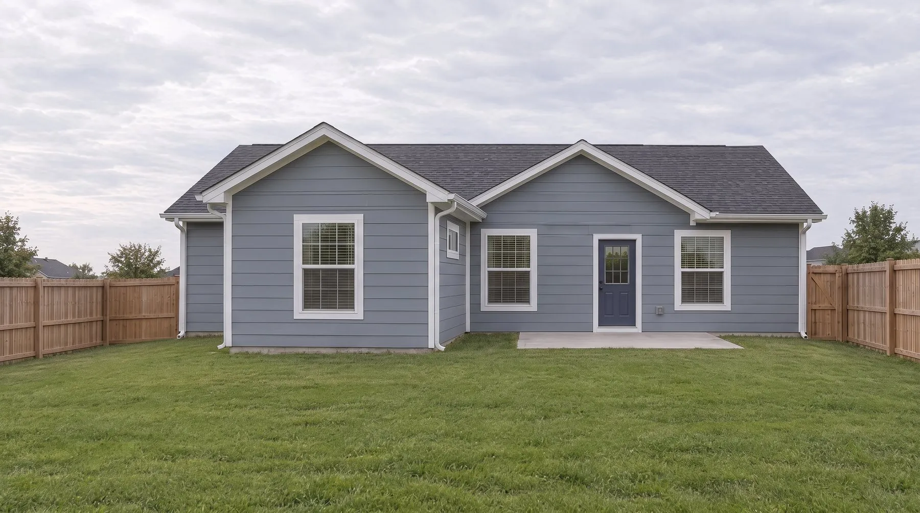 Back of the same house with a finished single-story rear addition on the left.