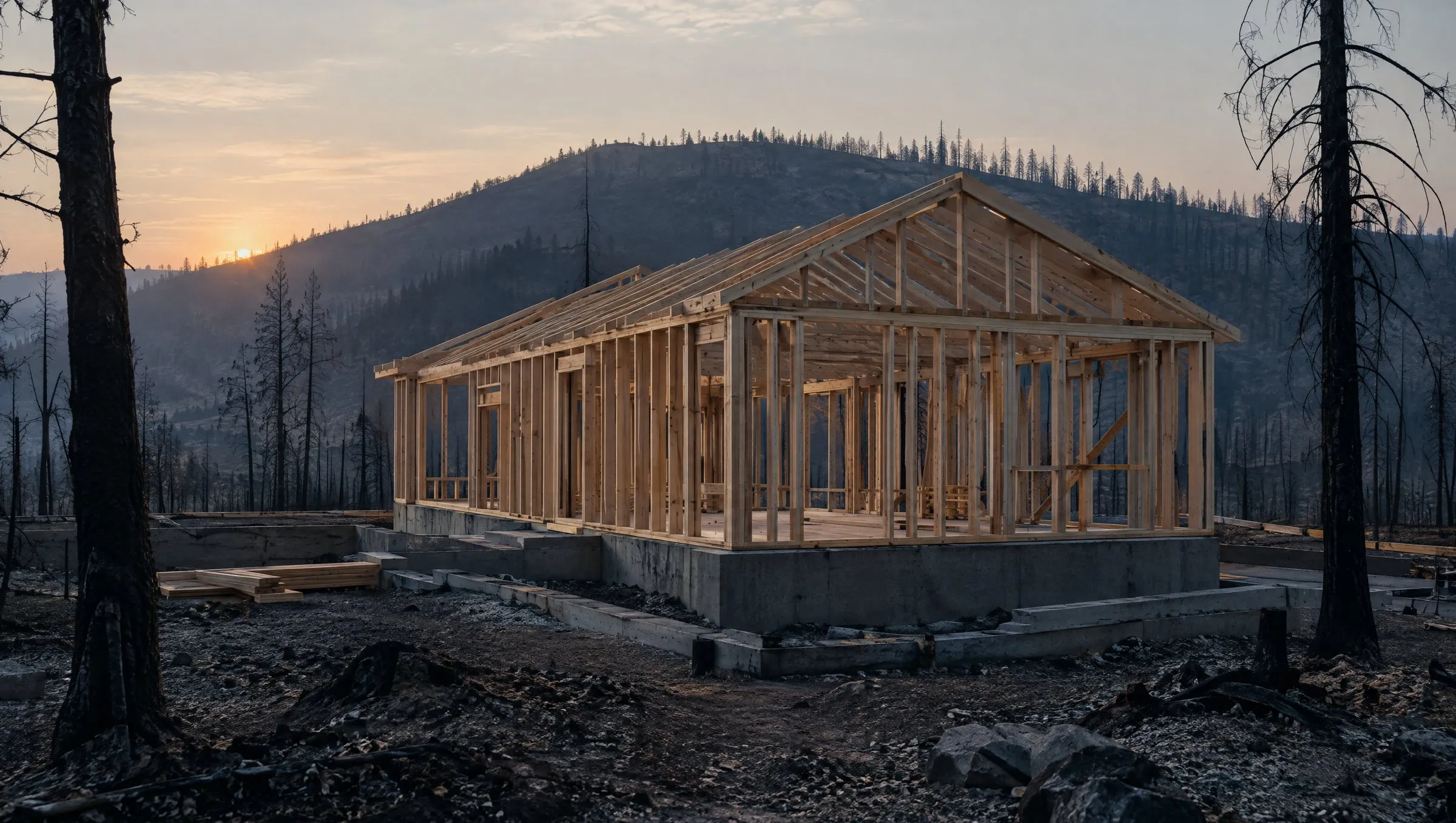 New wood framing rising on the concrete foundation of a home lost to wildfire, with charred trees behind.