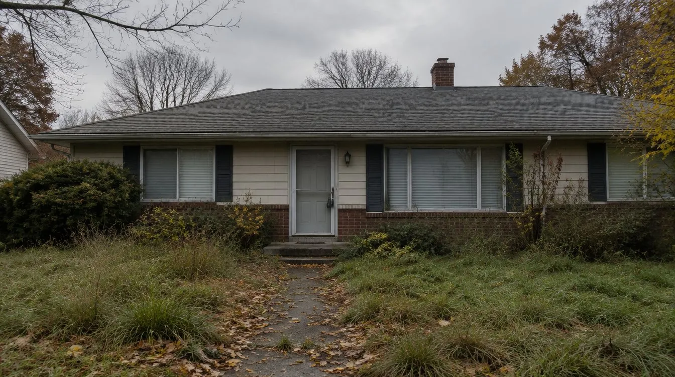 A vacant ranch house on an overcast day, with an overgrown lawn and leaves on the front walk.