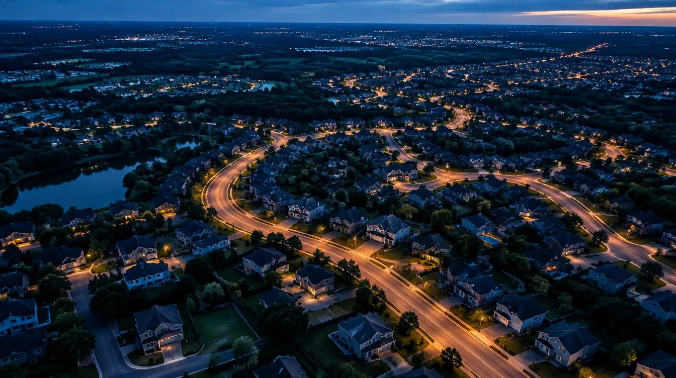Aerial view of a suburban subdivision at dusk, with lit streets curving between rows of houses.