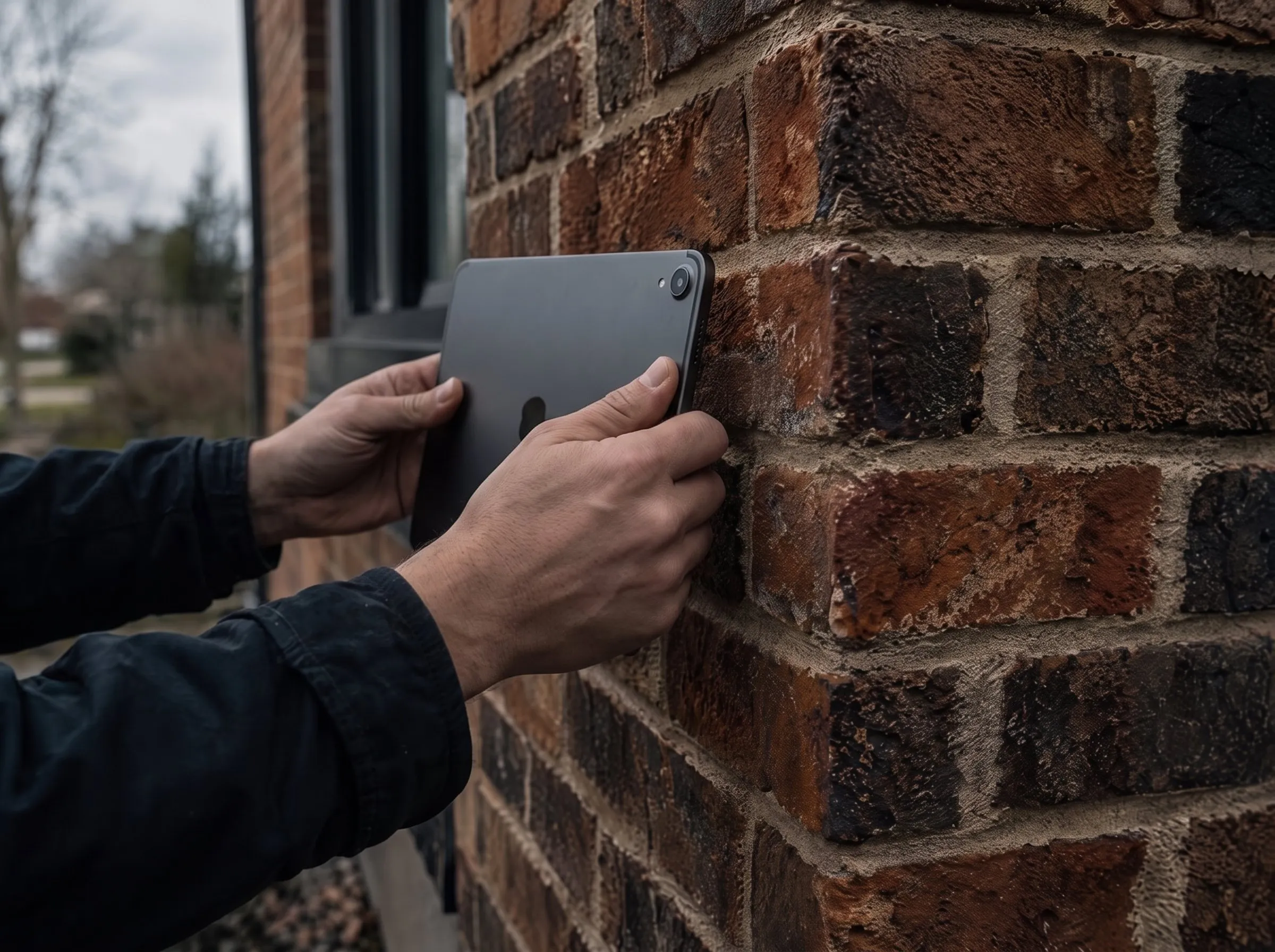 The same hands hold a tablet against the brick corner, its camera scanning the wall.