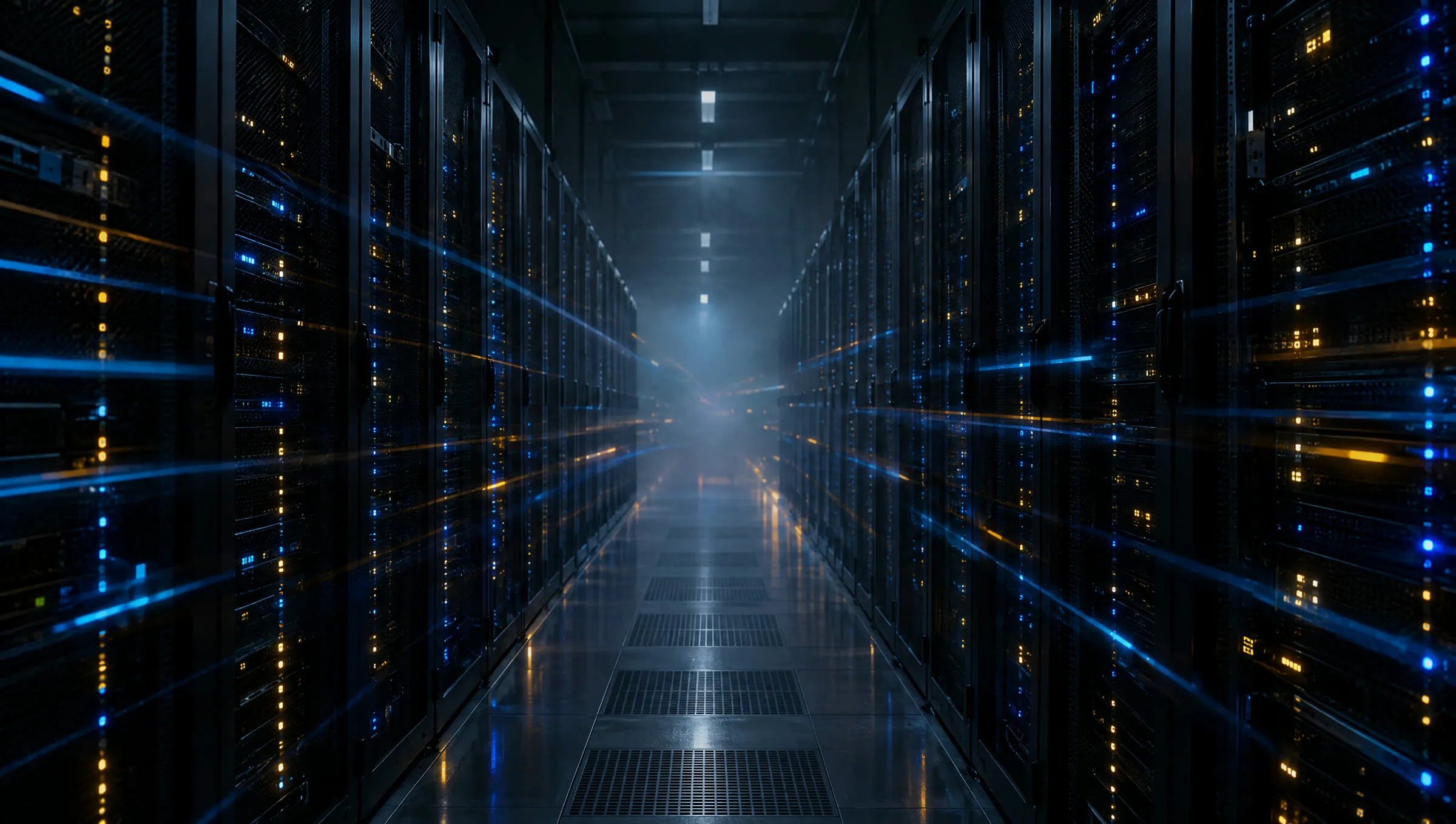 A dark server room aisle with racks of blue and amber indicator lights and streaks of light running toward the camera.