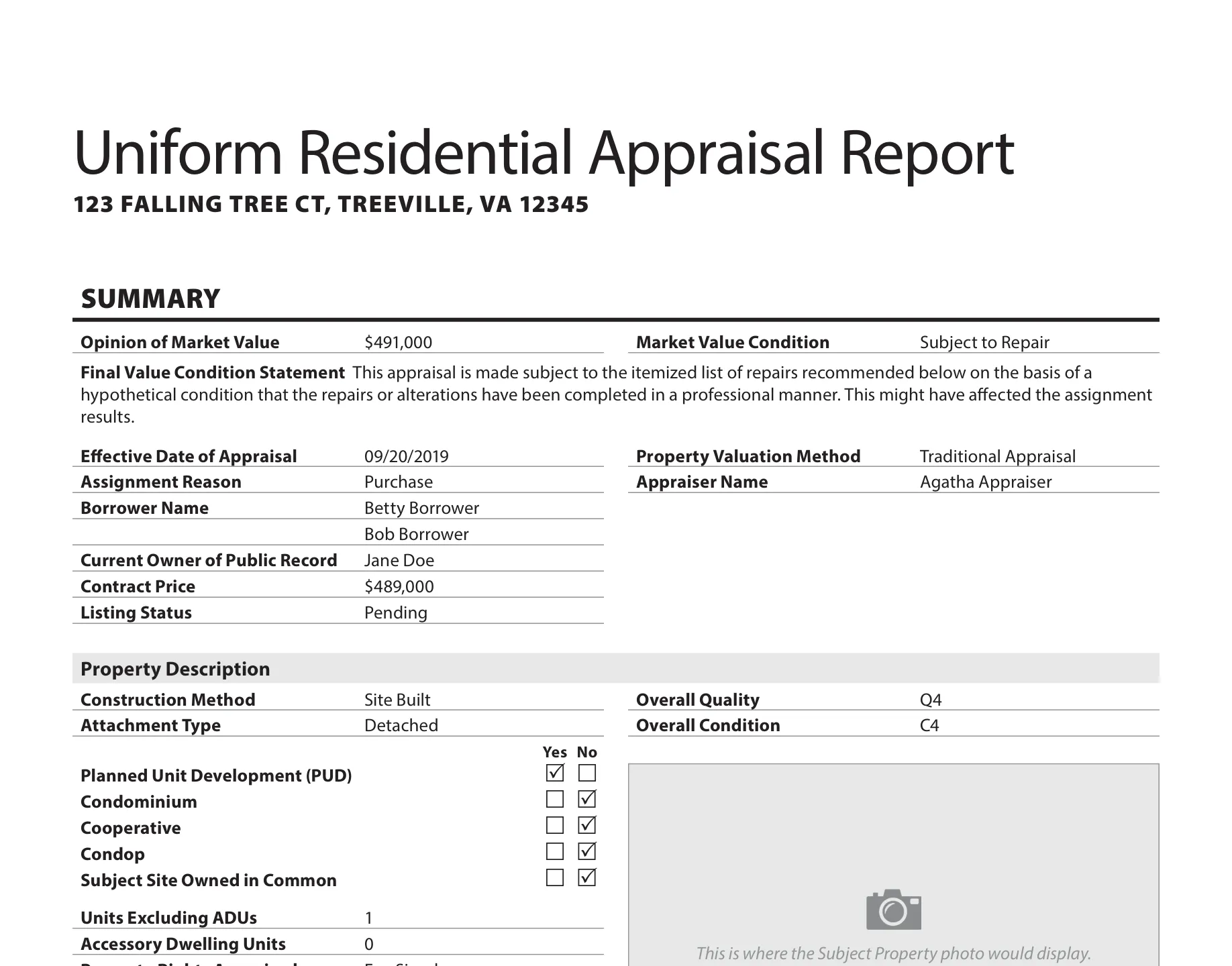 The Summary page of the GSE SF1 sample URAR: Opinion of Market Value $491,000, Market Value Condition Subject to Repair, Property Valuation Method Traditional Appraisal, and a Property Description block with labeled rows and checkboxes.