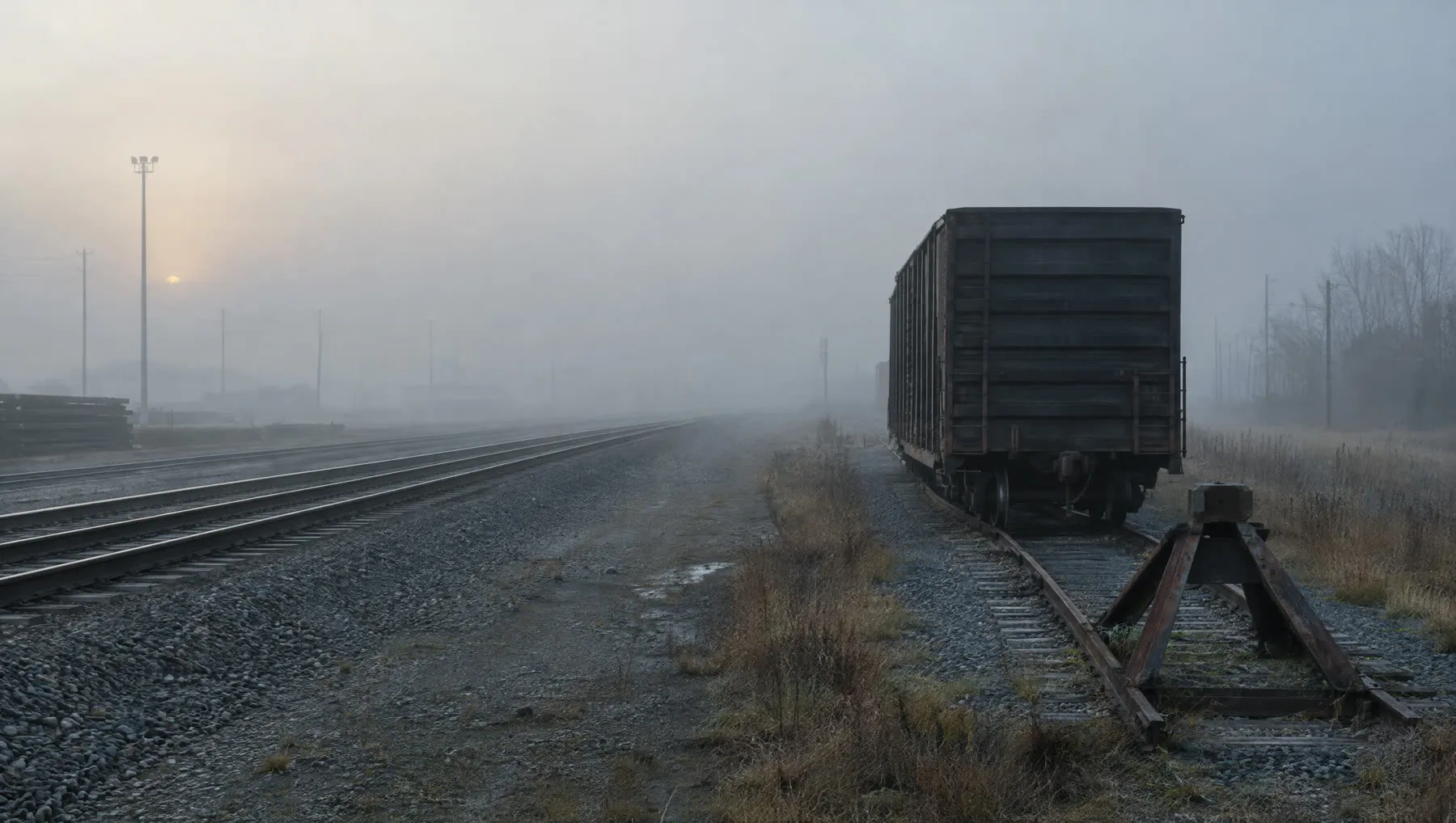 A single boxcar standing alone on a short siding in morning fog, beside an empty main line.