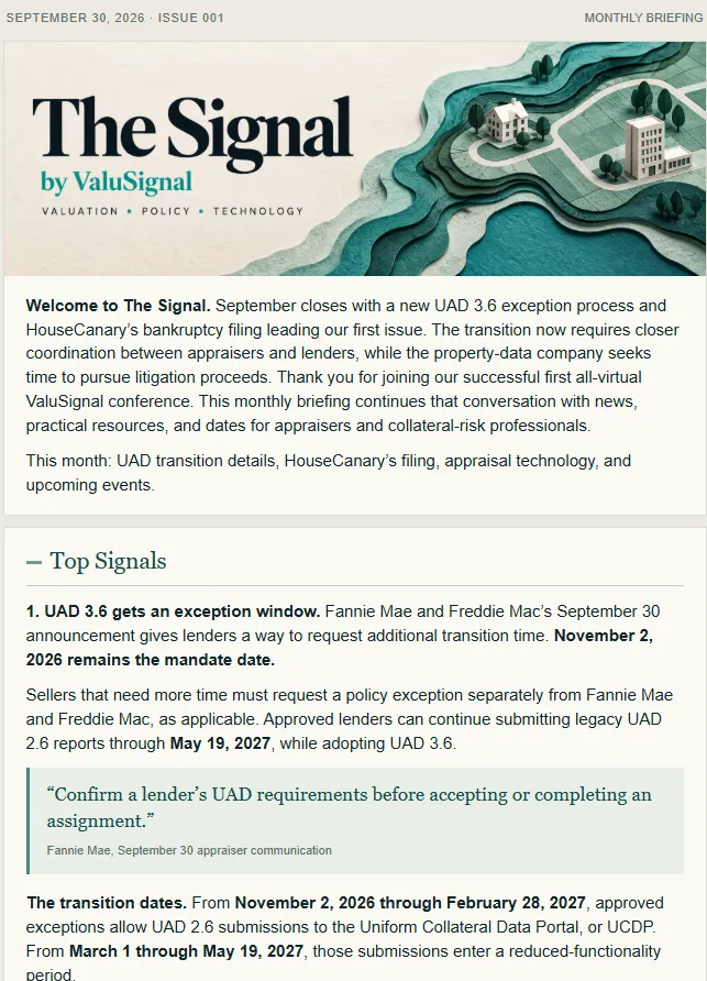The top of The Signal, issue 001: a welcome note and the first Top Signals story on the UAD 3.6 exception window.