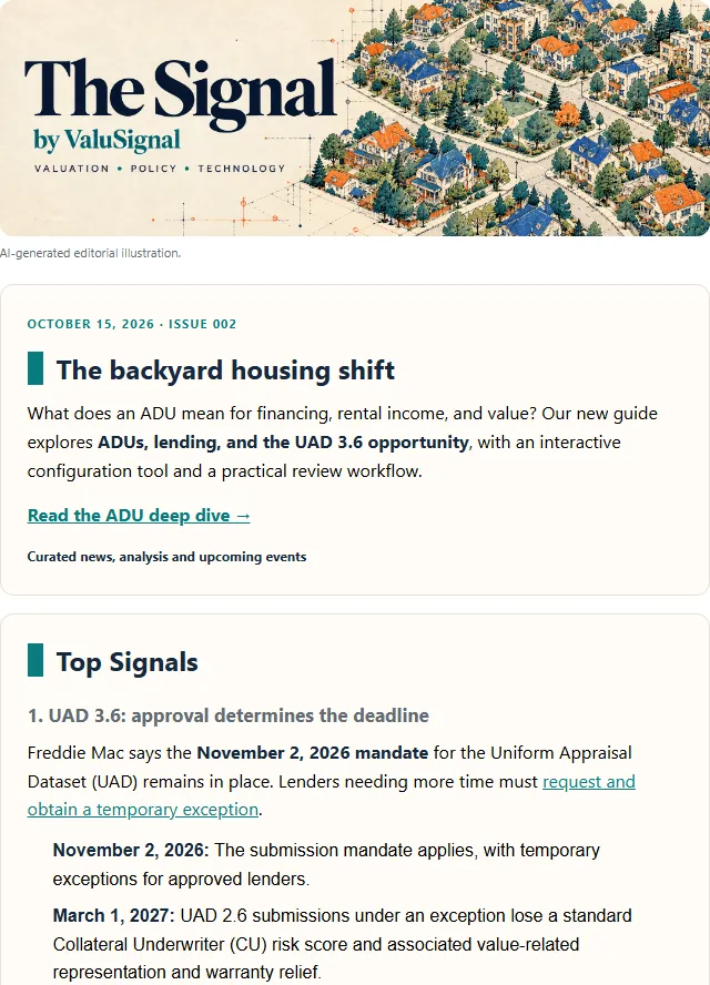 The top of The Signal, issue 002: the lead story on ADUs and the first Top Signals story, on the UAD 3.6 deadline.