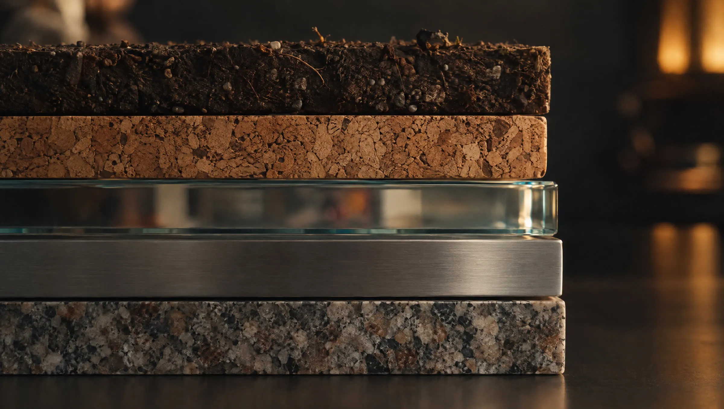 Five stacked slabs seen from the side: soil, cork, glass, brushed steel and granite.