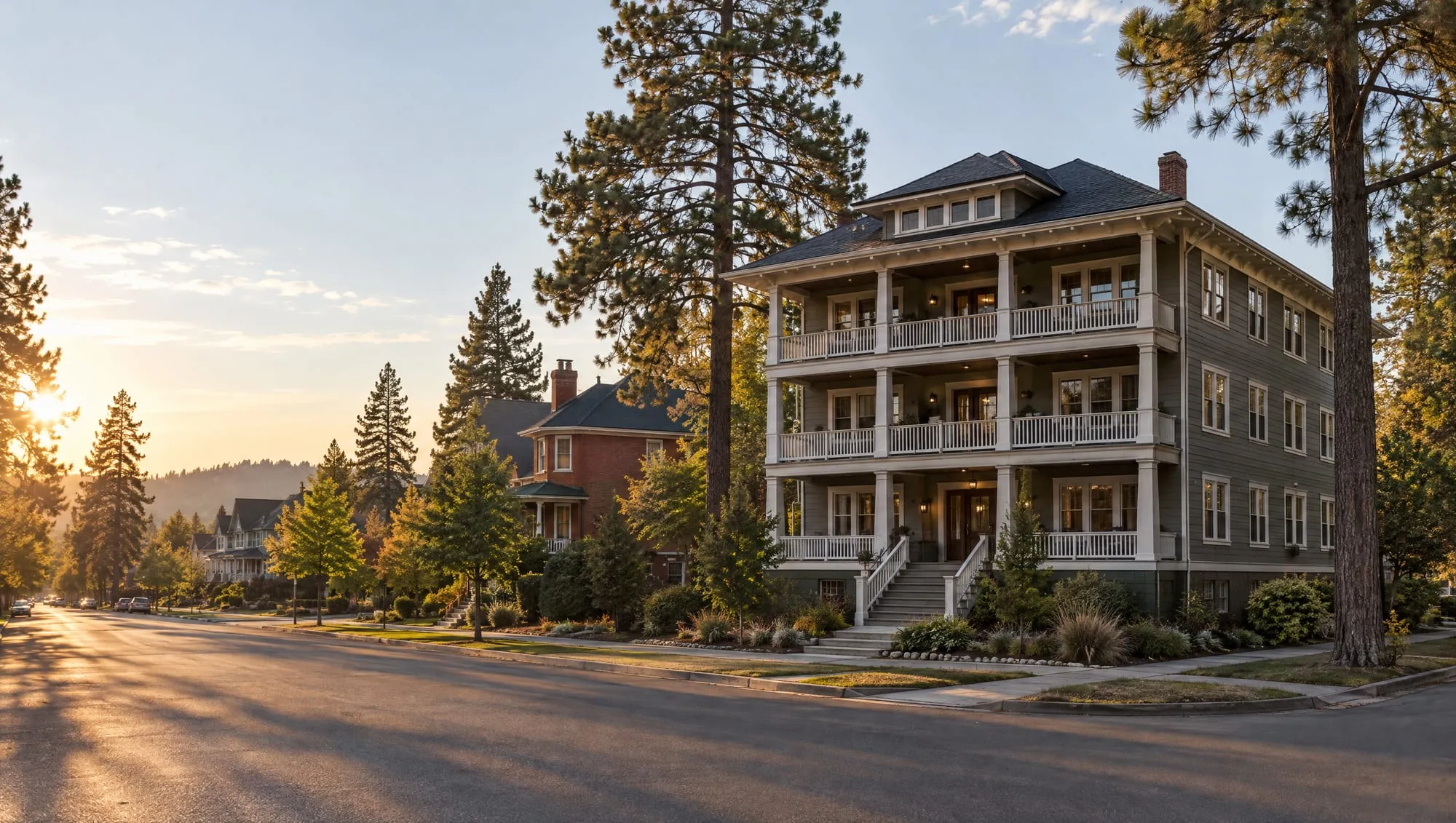 Late sun on a pine-lined street of early 1900s houses, with a new three-story multi-unit building styled as a period apartment house on the corner.