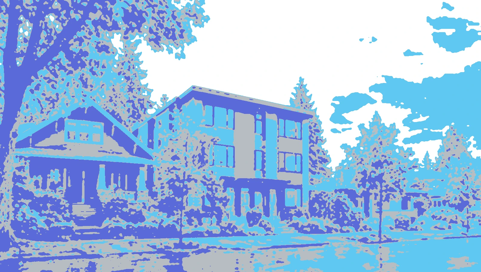 A street of older and newer houses, printed in violet, silver and light blue