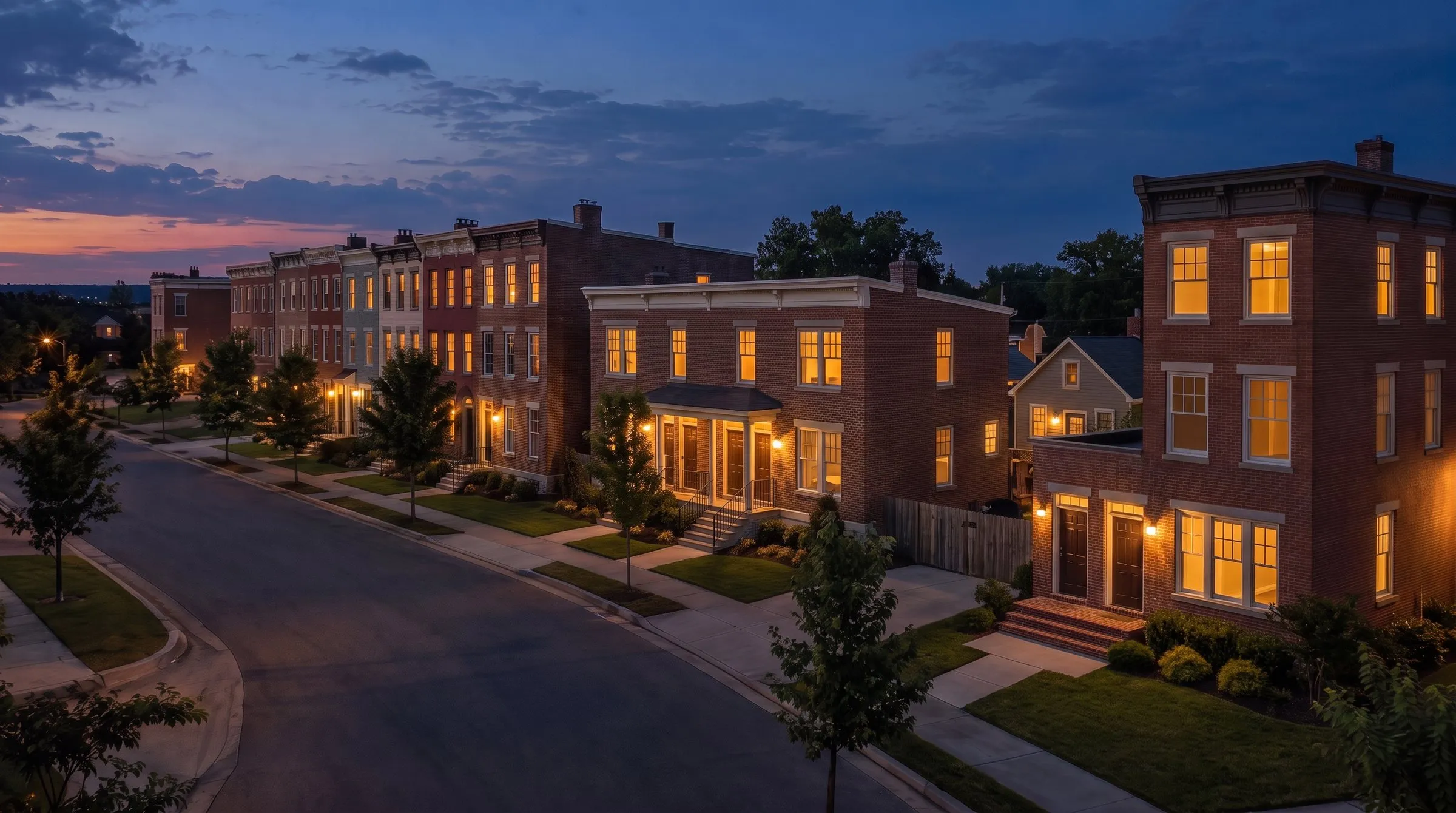 The same street rebuilt as a layered neighborhood: brick rowhouses, a fourplex and a three-story building of stacked flats with front stoops.