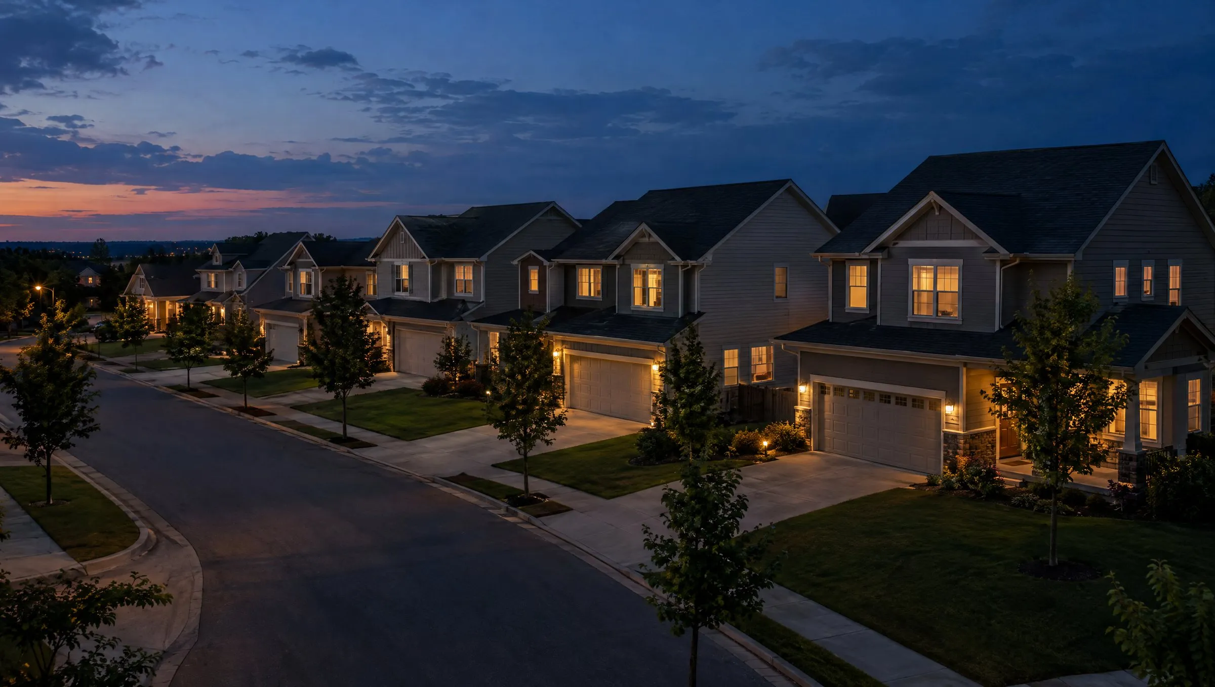 A conforming subdivision at blue hour: similar two-story detached houses with front garages along a curving street.