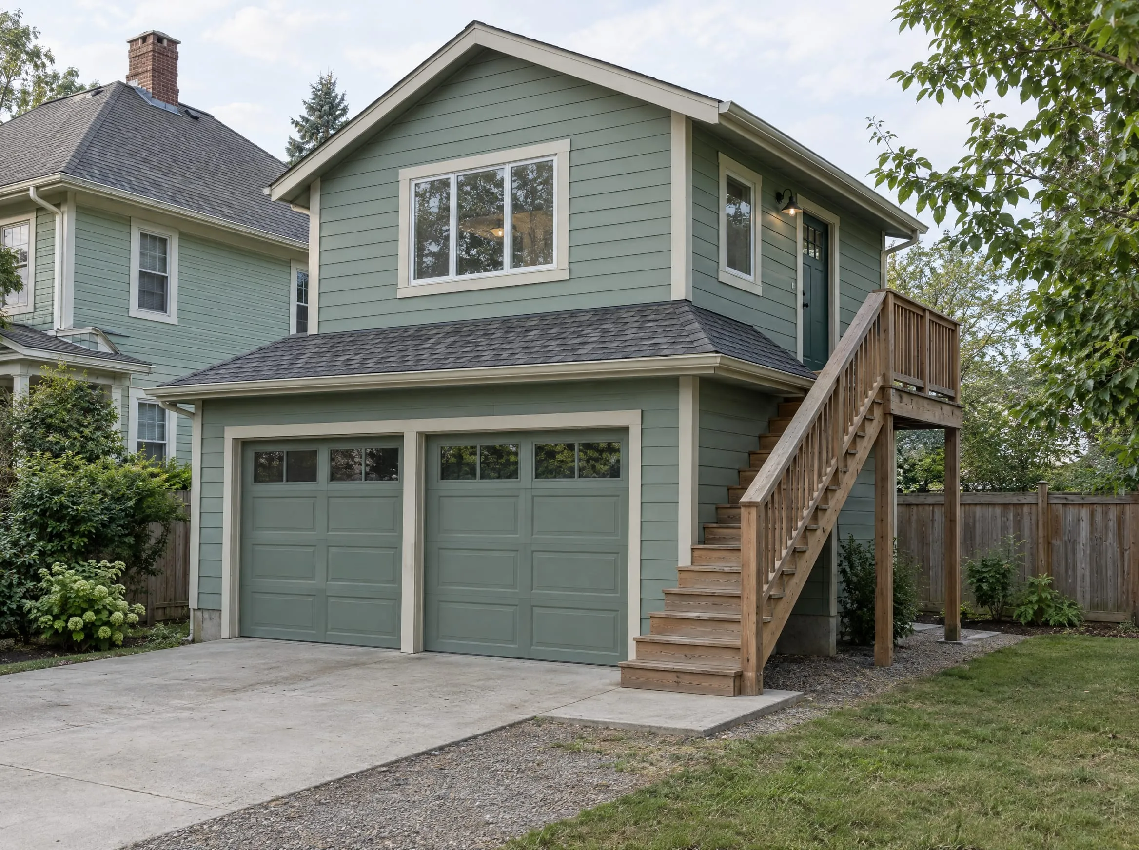A two-car garage with an apartment above it, reached by an exterior wooden stair to an upper door.