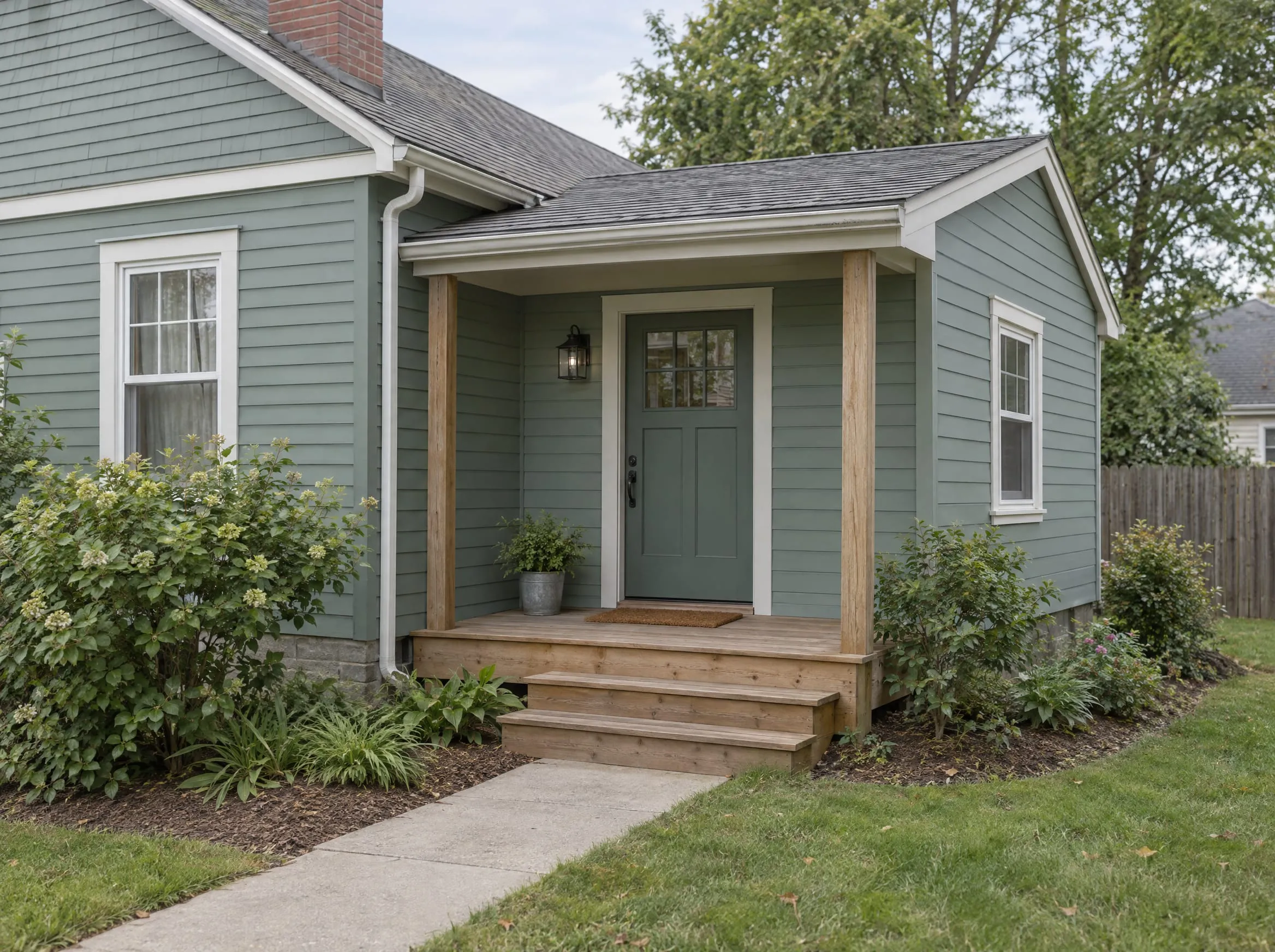 A one-story addition on the side of a house with its own door, covered porch and steps.