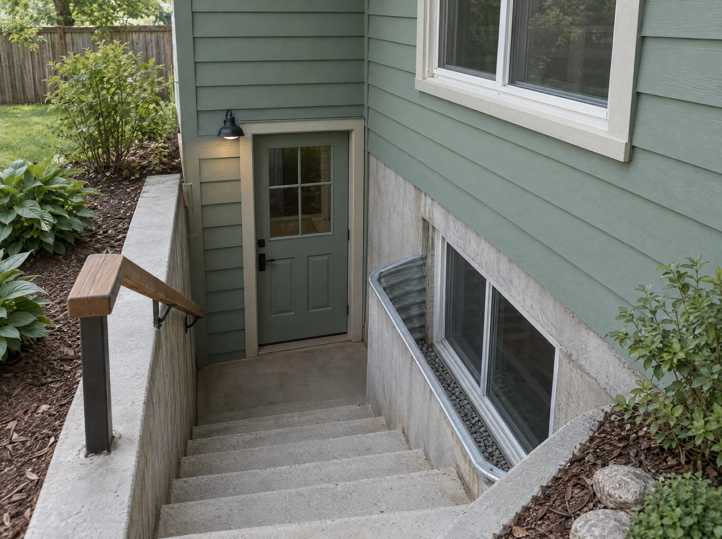 Concrete stairs leading down to a separate basement door beside a window well on the side of a house.