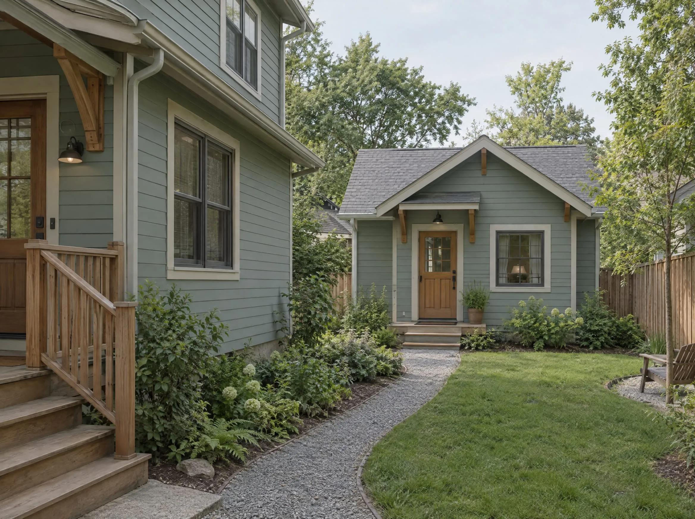 A small sage-green cottage with its own front door and porch light at the end of a gravel path behind a larger house.