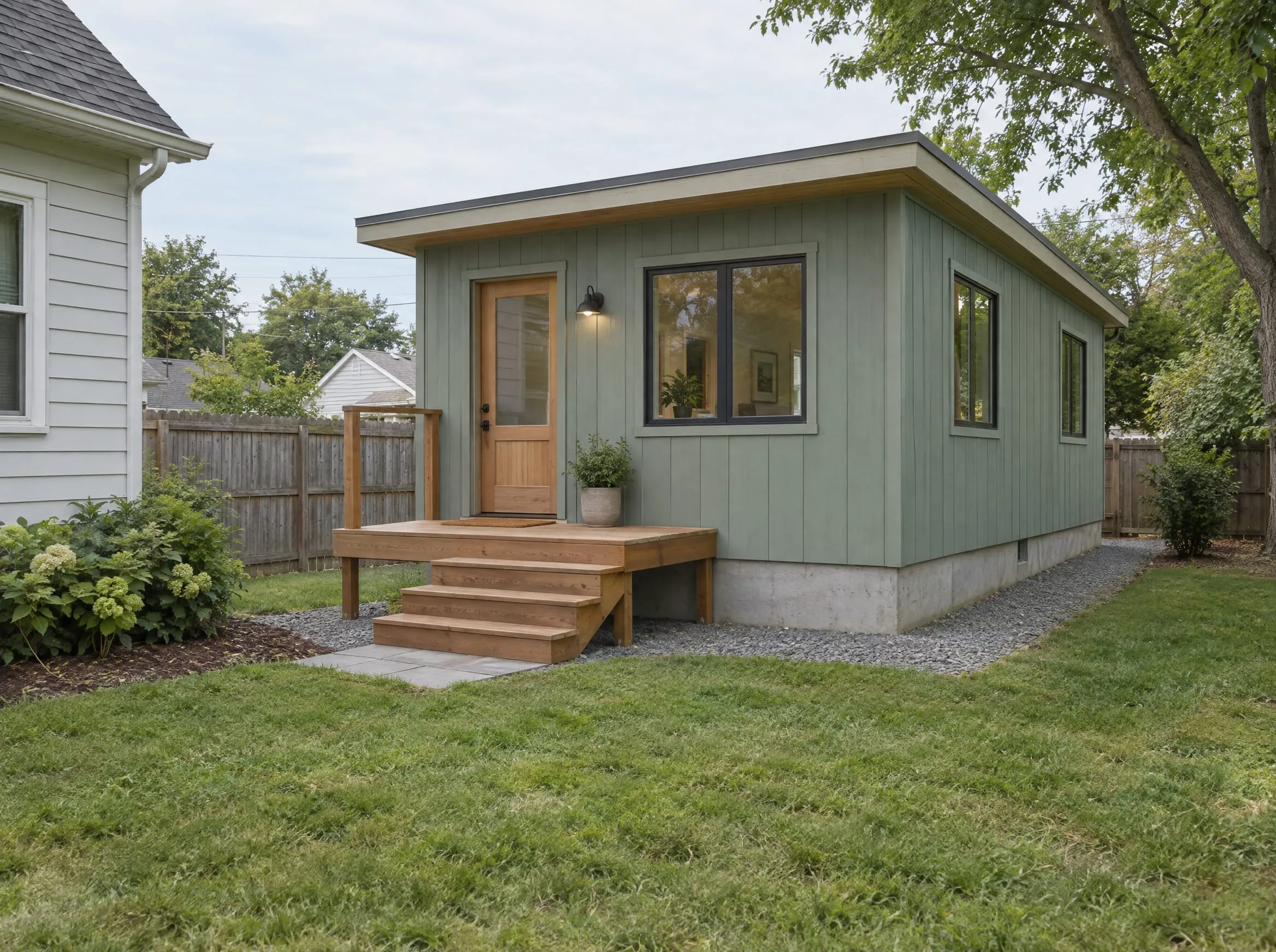 A simple modular backyard dwelling on a low concrete foundation with a small entry deck.