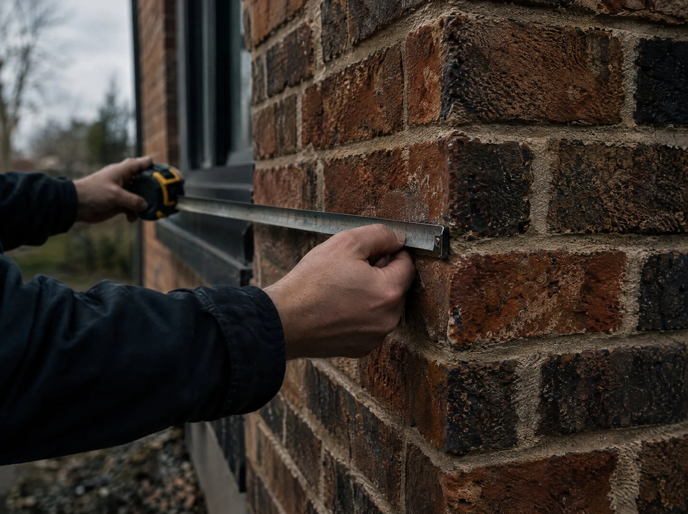 Two hands hold a steel measuring tape along the brick corner of a house.