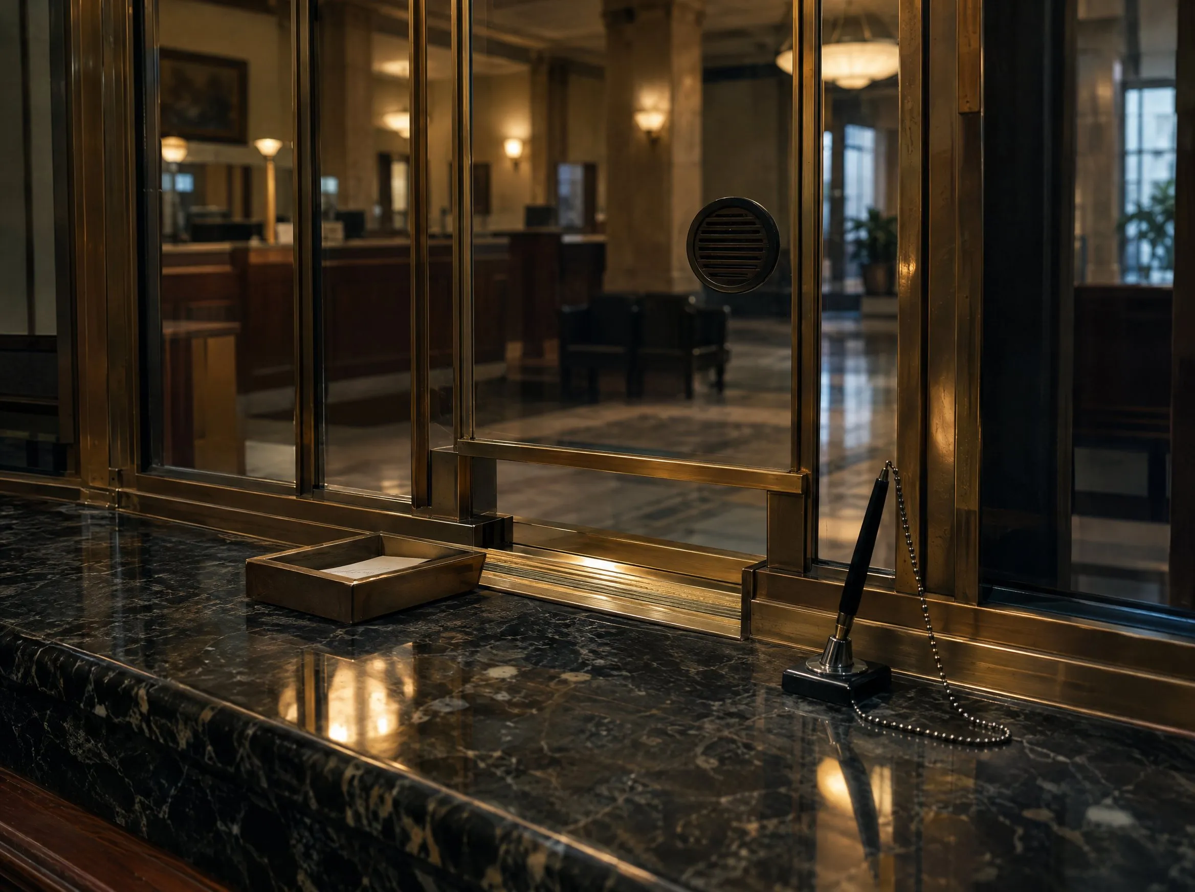 An empty bank teller window with a brass grille, a marble counter and a pen on a chain.