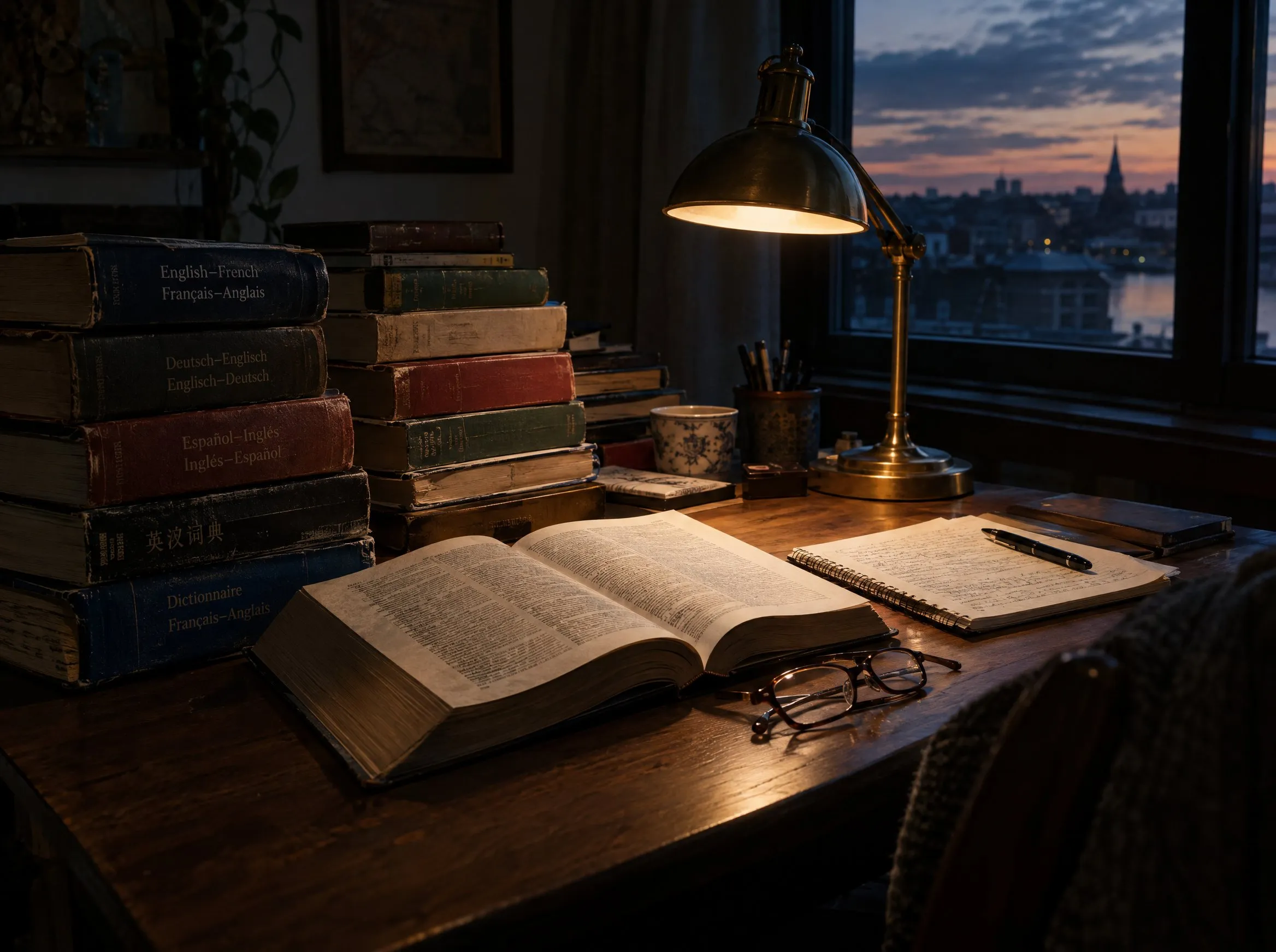 A translator’s desk at dusk with stacked bilingual dictionaries, an open book and a brass lamp.