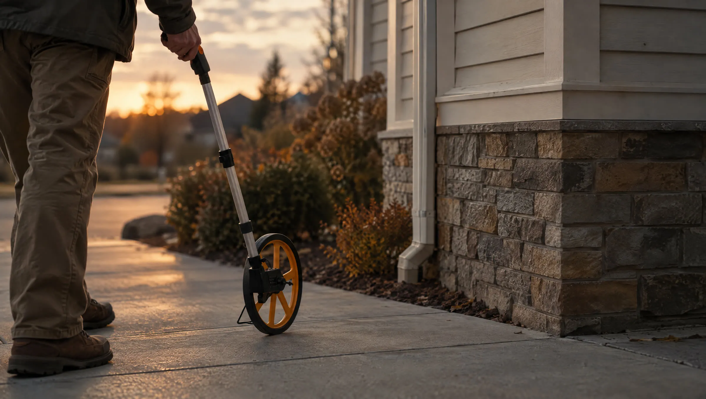 Seen from behind, a person rolls a measuring wheel along a concrete walk beside the stone base of a house at sunset.