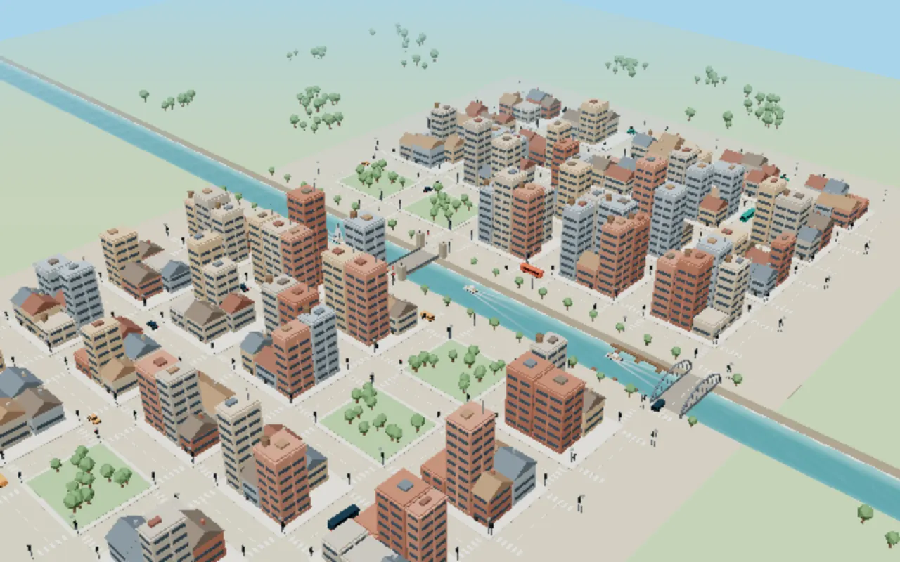A small low-poly city on a river, crossed by a drawbridge and an arch bridge.