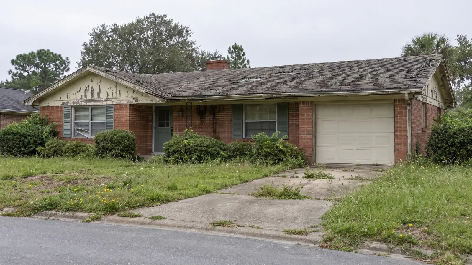 The same house with a badly worn, curled roof, peeling gable boards and an overgrown yard.