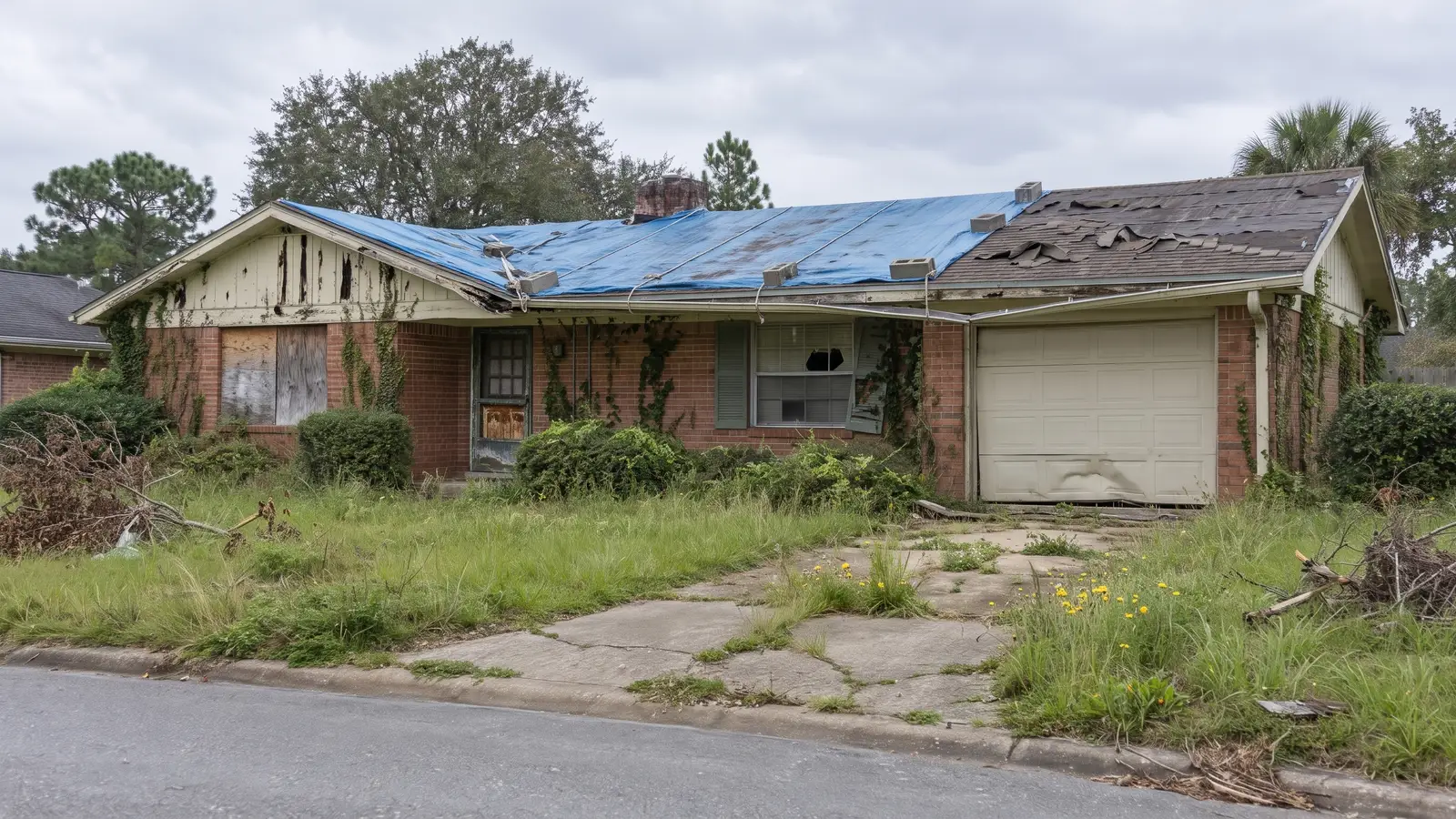 The same house in severe disrepair: a tarp on the roof, a boarded window, rotted trim and a dented garage door.